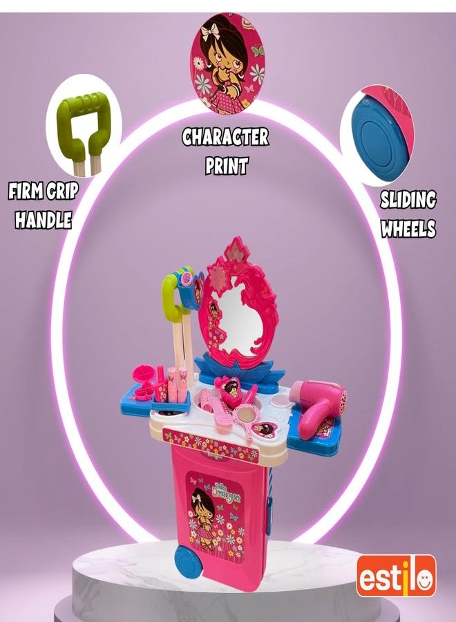 إستلو مجموعة مكياج إستيلو بيوتي للدمى، طقم مستحضرات تجميل 3 في 1، طاولة زينة محمولة، مجموعة لعب تمثيلية مع ملحقات مكياج للأطفال، بلاستيك (وردي)، 21 قطعة - Image 2